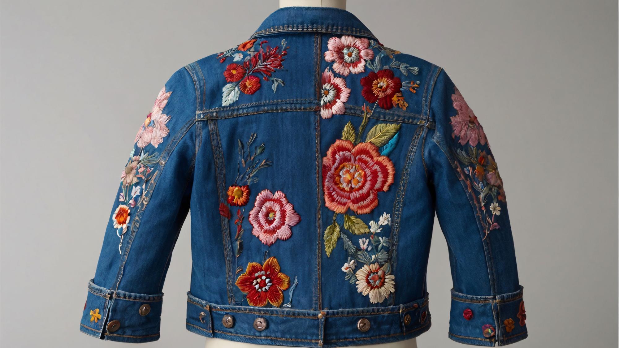 Floral embroidered patch on denim jacket